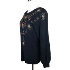Vtg 80s Womens Silk Angora Jeweled Beaded Sweater Medium Black Knit Retro Glam
