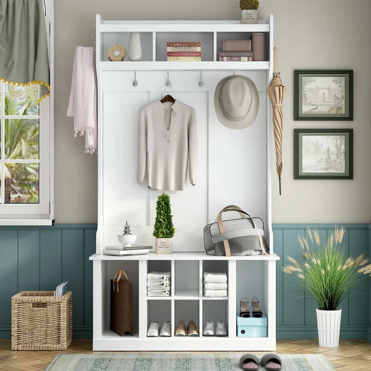 U-Can Entryway Bench with Coat Rack Hall Tree Bench Shoe Storage 6 Hooks  White | eBay