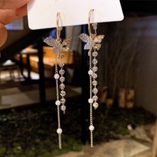 Crystal Butterfly Long Tassel Dangle Drop Earrings for Women,Butterfly Earrings