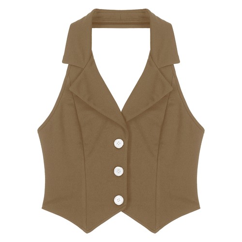 Women's V Neck Vest Lapel Halter Backless Button Down Pointed Hem Crop AU - Picture 35 of 53