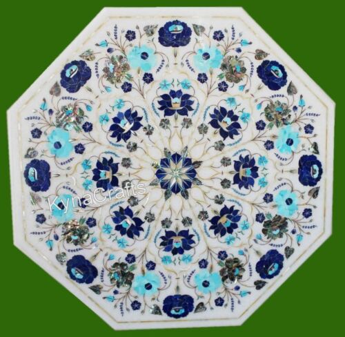 15 Inches White Marble Coffee Table Top Multicolor Stone Inlay Work Corner Table