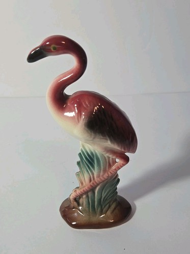 Vintage MCM Hand Painted 6 1/2" Glossy Ceramic Pink Flamingo 1950's Mid-Century