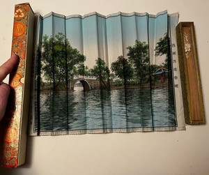 Vintage Chinese Silk Brocade Folding Fan West Lake Hangzhou w/Glass Window Box