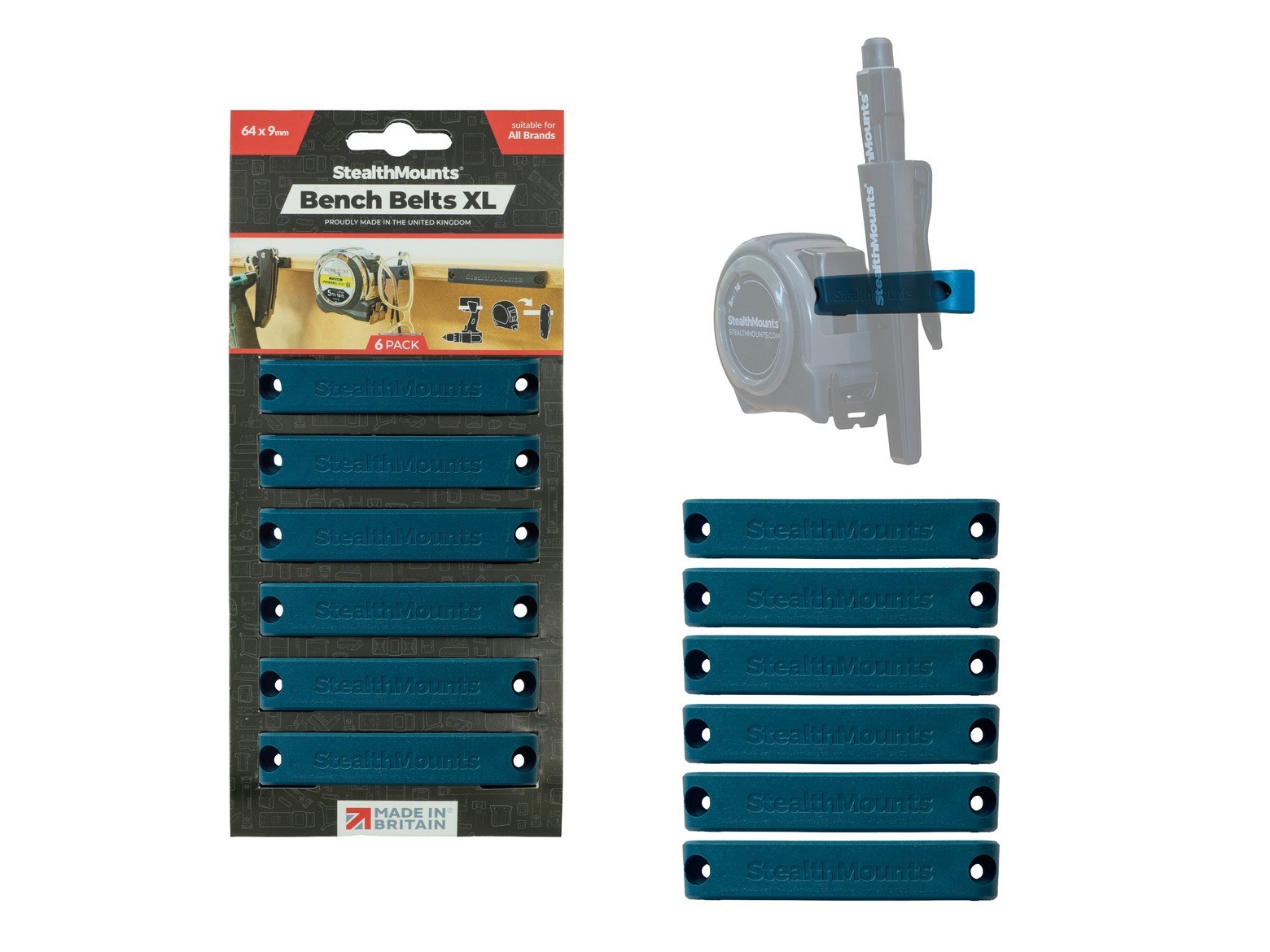 StealthMounts Bench Belts XL Tool Accessory Storage Mounts (6 Pack, BLUE)
