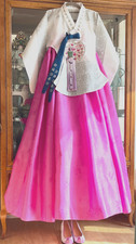 L-XL Traditional Korean Hanbok Dress- Dangui Silver Foil Top  Pink Silk Skirt