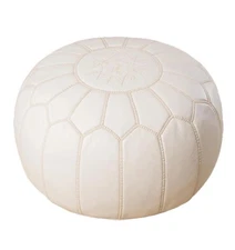 Moroccan Buzz Handmade White Leather Pouf  Ottoman Snowflake Embroidered 20x12”