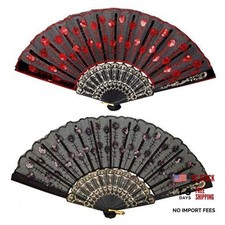 Flamenco Hand Fans - 2 Pcs Lace Spanish Folding Fans - Flamenco Red, Black