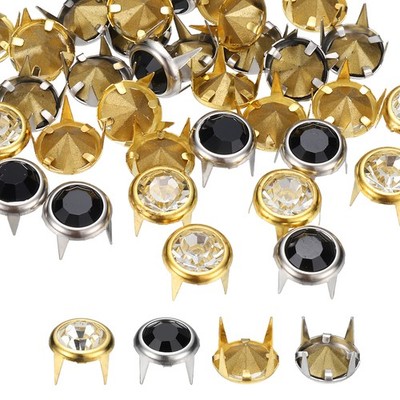 40x Rhinestone Studs 10mm Rund Spitz Kristall Claw Gold&Weiß+Silber&Schwarz