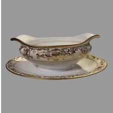 Vintage Noritake 16034 Gilt Decorated Christmas Ball Gravy Boat w Underplate