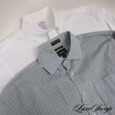 LOT X2 Brooks Brothers + Neiman Marcus Solid White Blue Green Checked Shirt 15.5