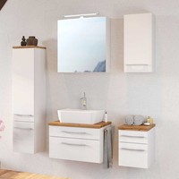 Badezimmer BadmöBel Set Weiß Waschtisch Keramik Waschbecken LED Spiegelschrank