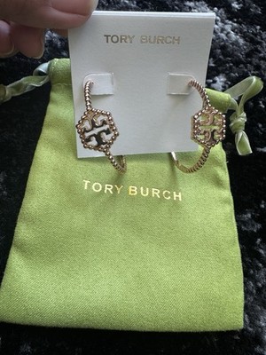 Tory Burch Logo Hoop Earrings Gold Tone Metal Round Lobe Latch Back No Stone