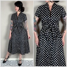 Vintage 1950s Navy Blue Polka Dot Fit and Flare Midi Dress - 28" Waist