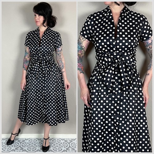 Vintage 1950s Navy Blue Polka Dot Fit and Flare Midi Dress - 28" Waist