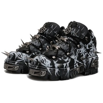 Graffiti Platform Men Couple Rivets Rock Boots Punk Heightening Muffin Dad Shoes
