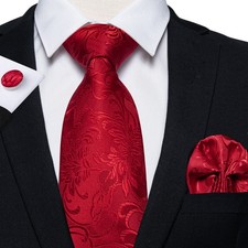 3 Pcs-Mens Tie Red Floral Necktie Hankie Cufflinks Set Wedding Formal Party