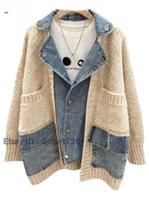 Fashion Women's Stitching Denim Jacket Sweater Knitted Cardigan Coat Streetwear