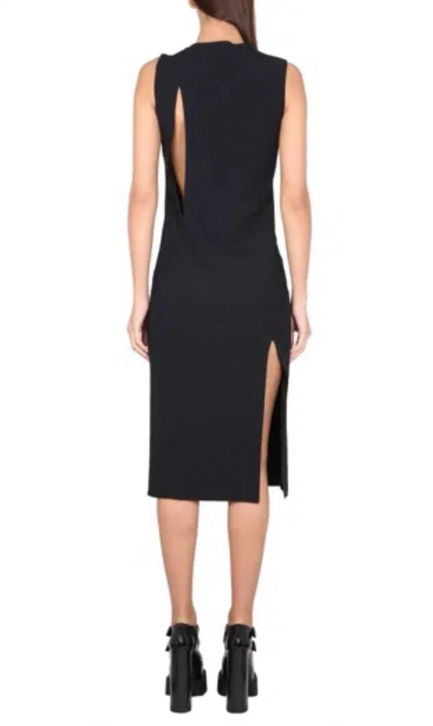 *VERSACE* Runway S S 2023 abito midi nero taglio smussato senza maniche nuovo con etichette IT 36