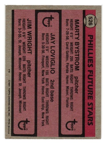 1981 Topps - #526 Pillies Rookies Marty Bystrom, Jim Wright, Jay Loviglio - Bild 2 von 2