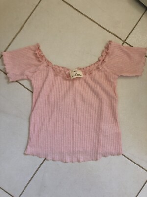 Crop Top Rose Côtelé épaules Dénudées Bardot - Taille M (8-10) - Occasion Très Bon état