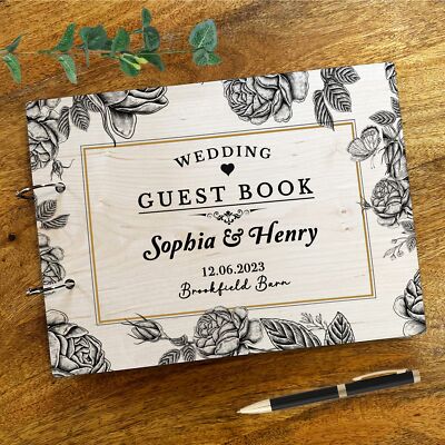 Holz Vintage schwarz Blumen Nachricht Notizen Andenken Hochzeit Gästebuch