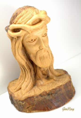 Vintage Bust of Jesus Head Hand Carved Wooden Olive Wood, Jesus Carved Statuette - Picture 4 of 8