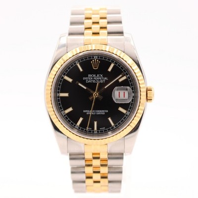 36mm Rolex 116233 Datejust Black Dial Date Automatic Wristwatch 3135 Steel & 18k