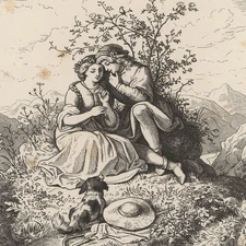Ludwig Richter after he loves me lovers for the house spring wood engraving 19th Century