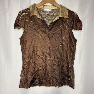 Vintage y2k WDNY Bronze Gold Crinkle Texture Button Down Top Stretch Cap Sleeve