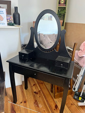 Modern Black Wooden Dressing Table 65x70x100cm Oval Mirror, 2 Drawers, Knobs