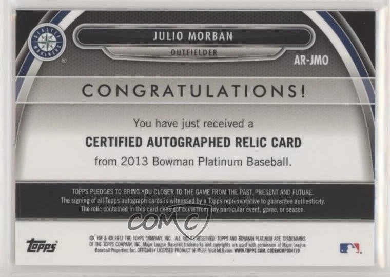 2013 Bowman Platinum Auto Relic Blue Refractor /199 Julio Morban #AR-JMO Auto - Image 2 of 2