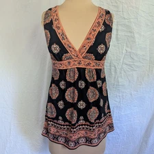 Max Studio Black Orange Sleeveless Babydoll Top Women's M Y2K Boho Festival 90's