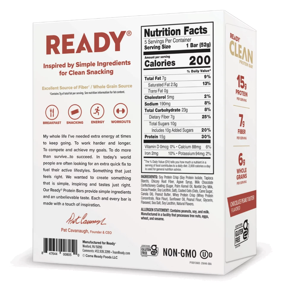 Ready Nutrition, Chocolate Peanut Butter Protein Bar, 5 Count Box, Shelf-Stable - Image 3 of 4
