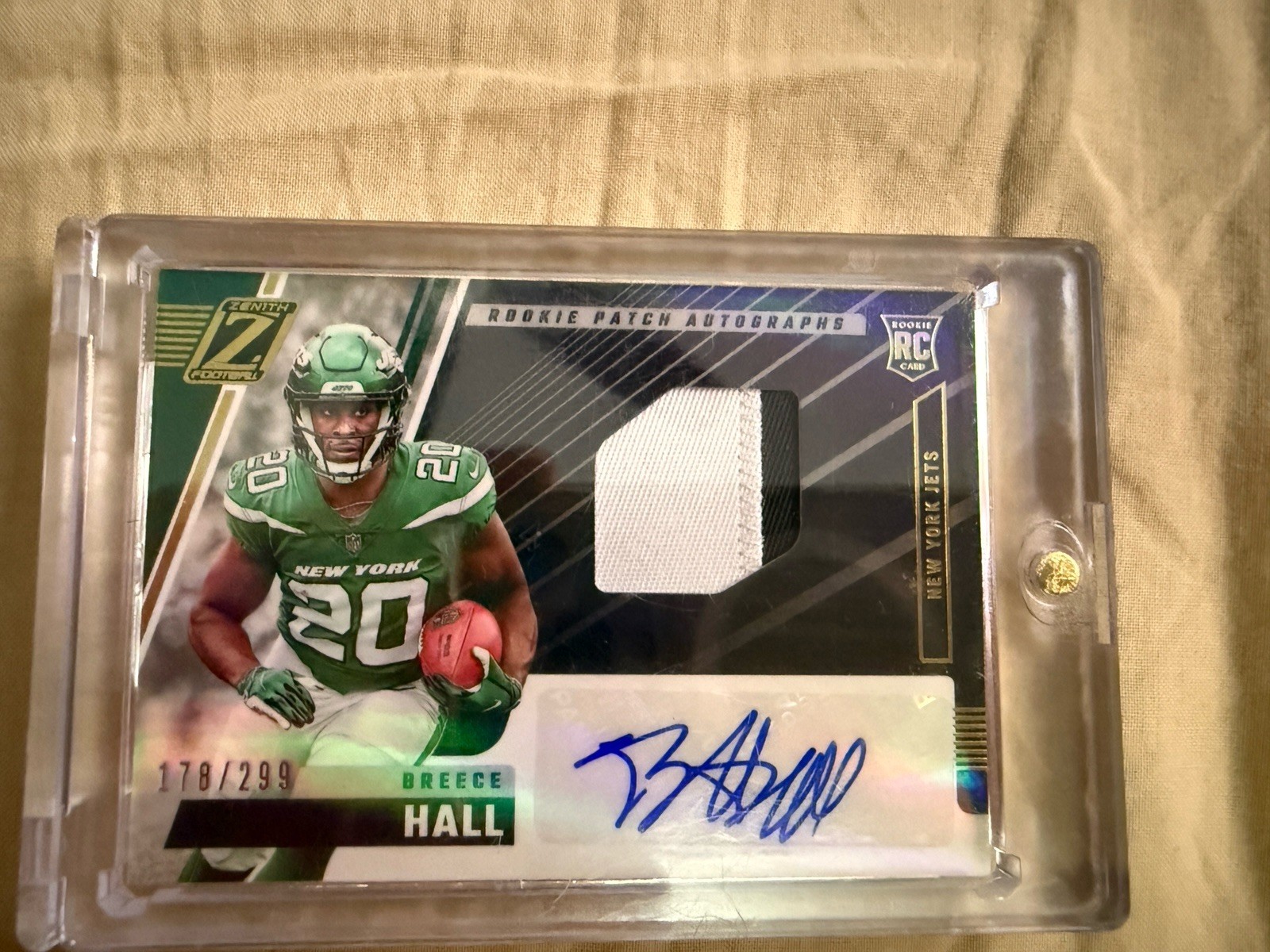 2022 Panini Zenith - Rookie Patch Autograph Breece Hall #214 /299 (AU, MEM, RC)