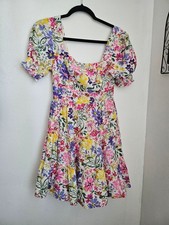 Floral Tiered Mini Dress - White, Pink, Yellow Purple Boho Summer Spring Sz S
