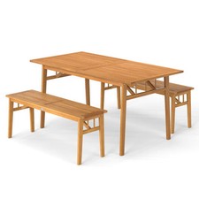 3 Pieces Patio Dining Set Acacia Wood Outdoor Rectangular Picnic Table and 2 Ben