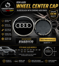 Oem Audi Wheel Center Cap 61mm Gloss Black Chrome Rings 81a601170 Genuine