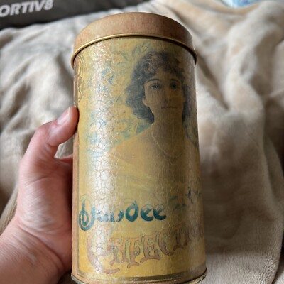 Vintage   Dundee Confectionery Tin with Woman and Beautiful Floral Accents 6.5''