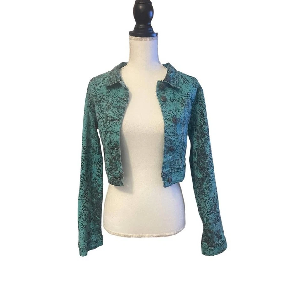 LAVORO teal python print denim cropped jacket size 3 - Image 3 of 4