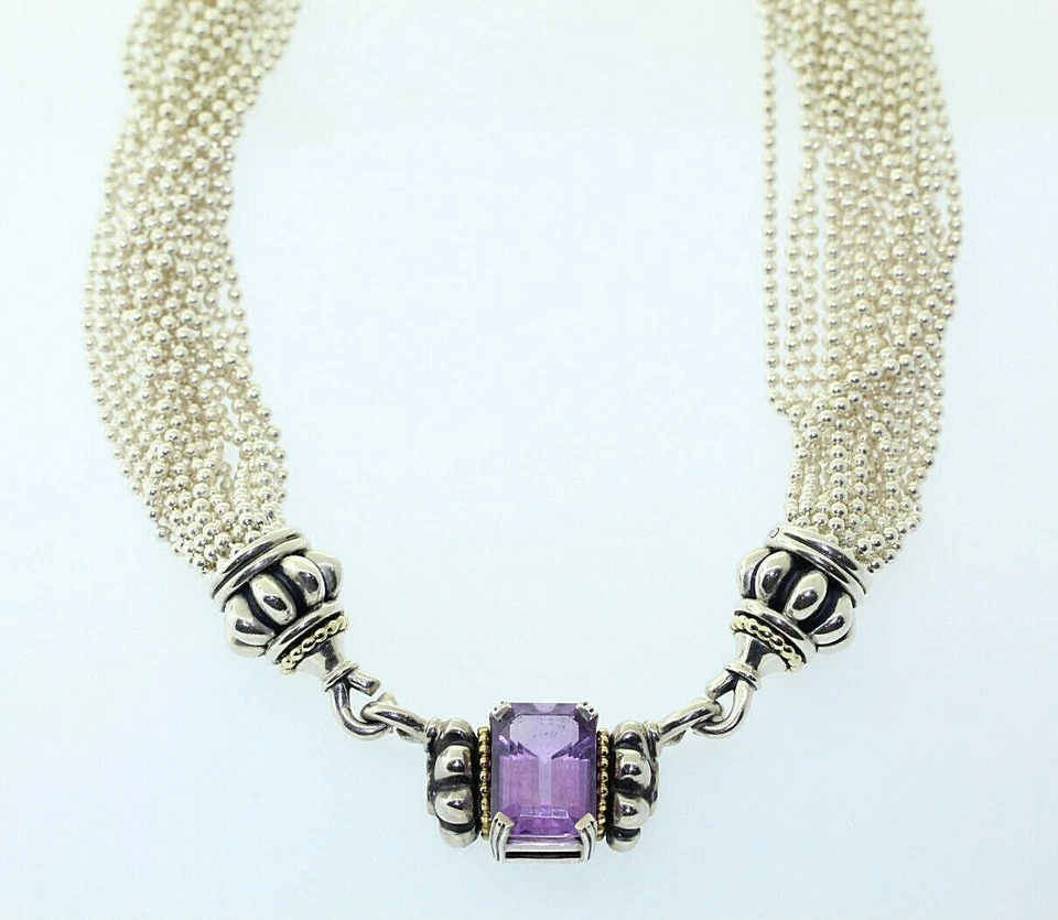 Collana Torsade In Argento Sterling E Oro 18k Con Perle Di Ametista - Immagine 3 di 4