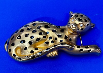 Leopard Cougar Cheetah Rhinestone Eyes Gold Tone VTG Belt Buckle by Doreen Ryan