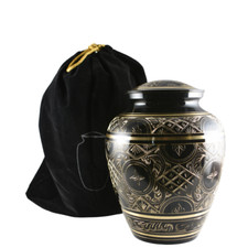 Solid Brass Etched Black Adult Cremation Urn for Human Ashes   With Velvet Bag