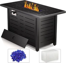 43in Rectangular Metal Propane Fire Pit Table with Glass Stones, 50,000 BTU
