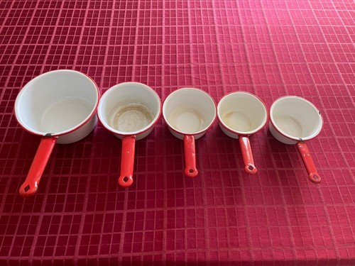 Lot Of 5 Vintage White With Red enamelware Cookware Pots with Handles