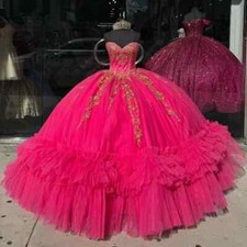 Rose Red Quinceanera Dresses Ball Gown Puffy Sweet 16 Applique Lace Tull Tiered