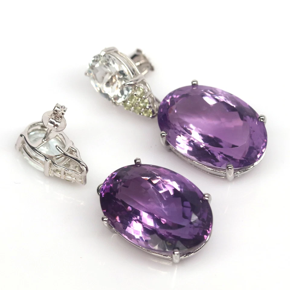 Gemstone 15 X 22 mm. Purple Amethyst, Topaz & Peridot Earrings 925 Silver - Image 3 of 4