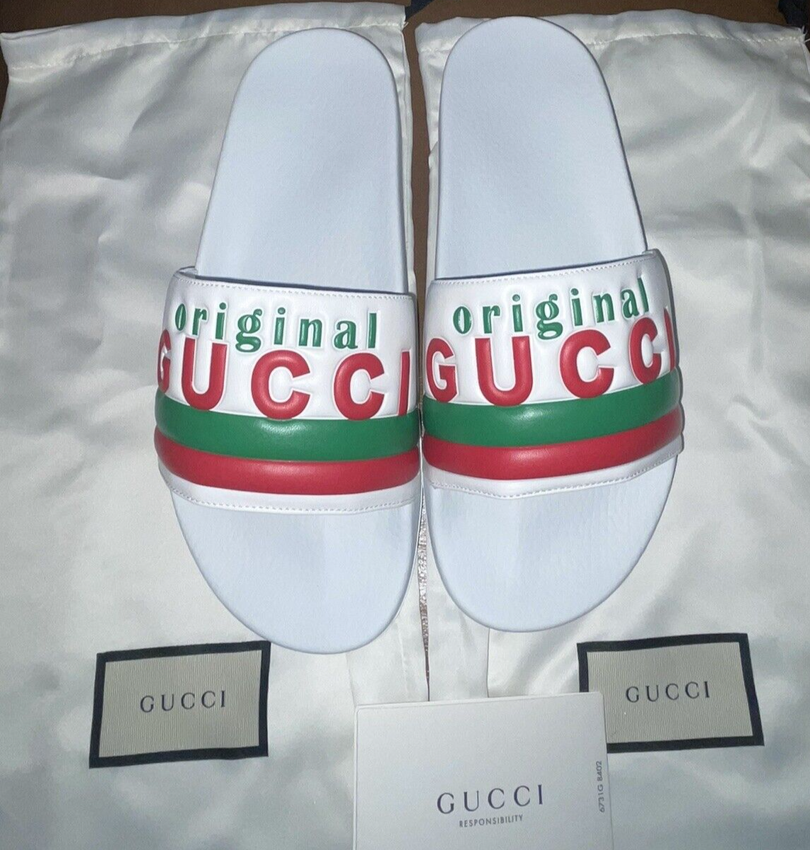 NEW GUCCI SLIDES WHITE LEATHER “ORIGINAL GUCCI” RED GREEN LOGO