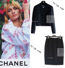 CHANEL 96S Black Rouge Red Pink CC Tweed Jacket Skirt Suit 34 US2 KarlLagerfeld