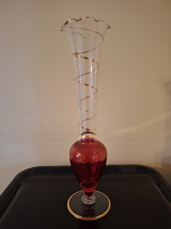 Vintage Glass Red Gold Vase Gold Trim Fluted Top Rim