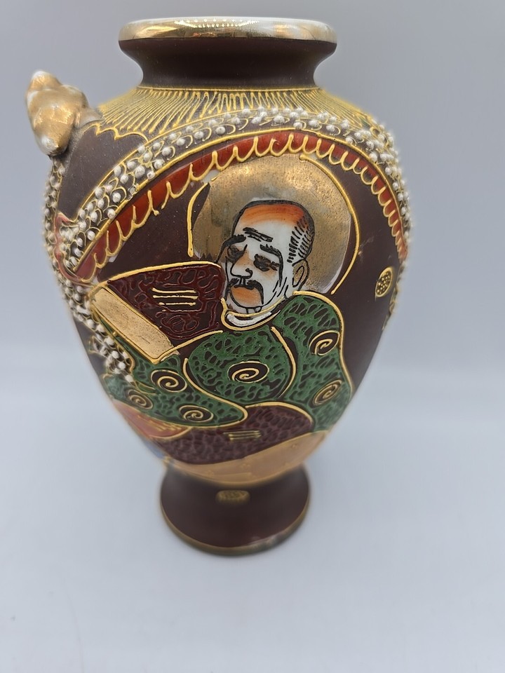 Satsuma Vase Of The Immortals Pottery Japan Hand Painted Gold Brown 7